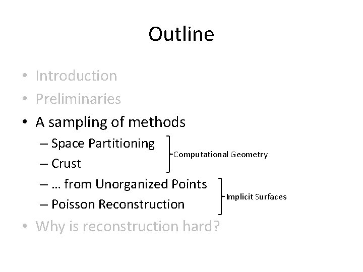 Outline • Introduction • Preliminaries • A sampling of methods – Space Partitioning Computational Outline • Introduction • Preliminaries • A sampling of methods – Space Partitioning Computational