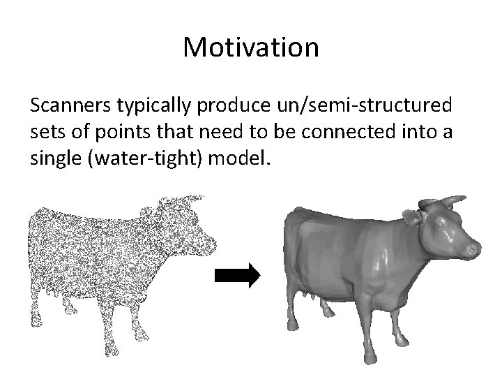 Motivation Scanners typically produce un/semi-structured sets of points that need to be connected into Motivation Scanners typically produce un/semi-structured sets of points that need to be connected into