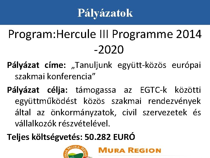 Pályázatok Program: Hercule III Programme 2014 -2020 Pályázat címe: „Tanuljunk együtt-közös európai szakmai konferencia”