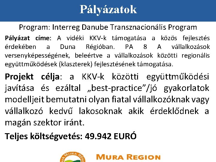 Pályázatok Program: Interreg Danube Transznacionális Program Pályázat címe: A vidéki KKV-k támogatása a közös