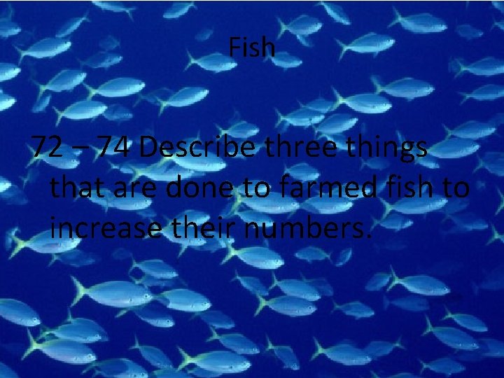 Fish 72 – 74 Describe three things that are done to farmed fish to