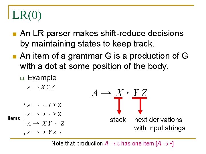 LR(0) n n An LR parser makes shift-reduce decisions by maintaining states to keep