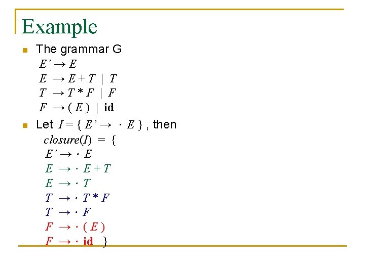 Example n n The grammar G E’ → E E →E+T | T T