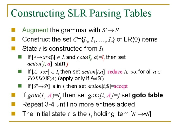 Constructing SLR Parsing Tables n Augment the grammar with S’ S n Construct the