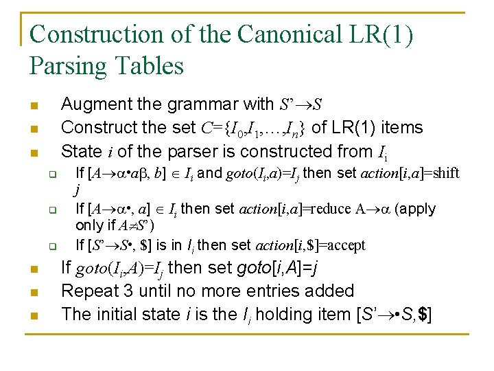 Construction of the Canonical LR(1) Parsing Tables Augment the grammar with S’ S Construct