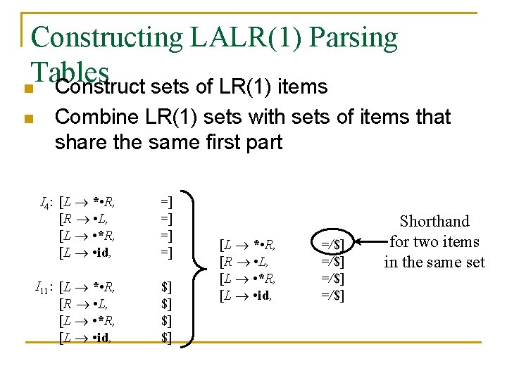 Constructing LALR(1) Parsing Tables n Construct sets of LR(1) items n Combine LR(1) sets