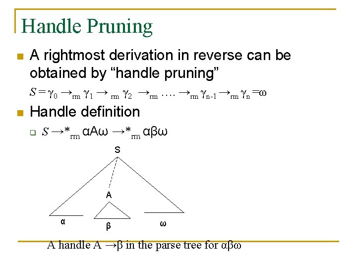 Handle Pruning n A rightmost derivation in reverse can be obtained by “handle pruning”