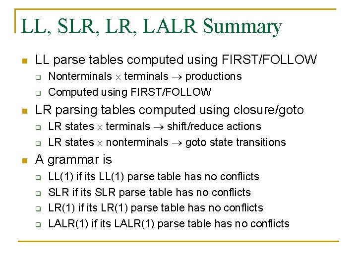 LL, SLR, LALR Summary n LL parse tables computed using FIRST/FOLLOW q q n