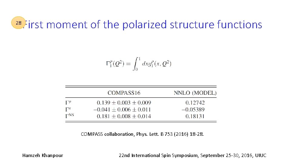 28 First moment of the polarized structure functions COMPASS collaboration, Phys. Lett. B 753