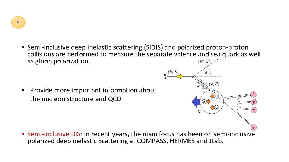 5 • Semi‐inclusive deep inelastic scattering (SIDIS) and polarized proton‐proton collisions are performed to