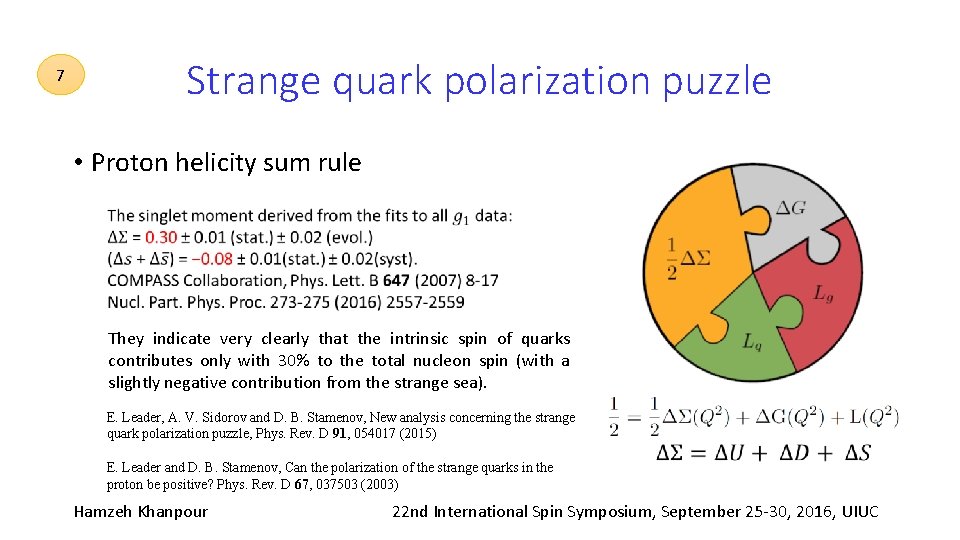 Strange quark polarization puzzle 7 • Proton helicity sum rule They indicate very clearly