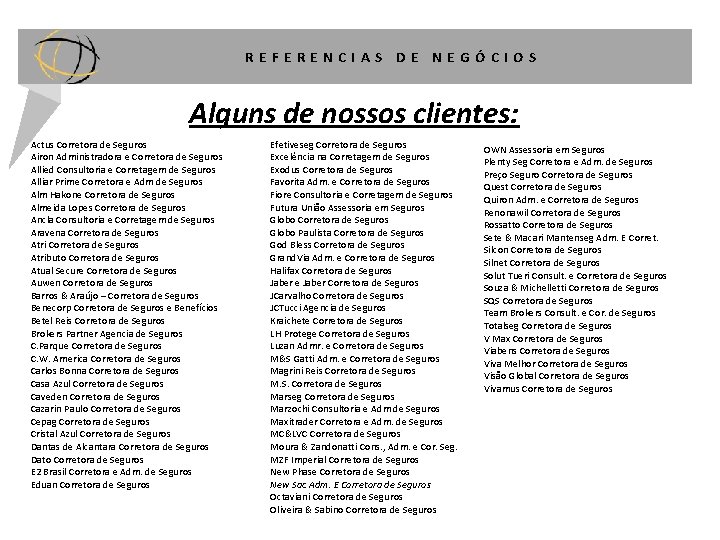 REFERENCIAS DE NEGÓCIOS Alguns de nossos clientes: Actus Corretora de Seguros Airon Administradora e