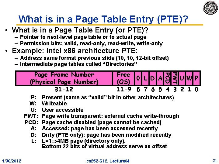 What is in a Page Table Entry (PTE)? • What is in a Page
