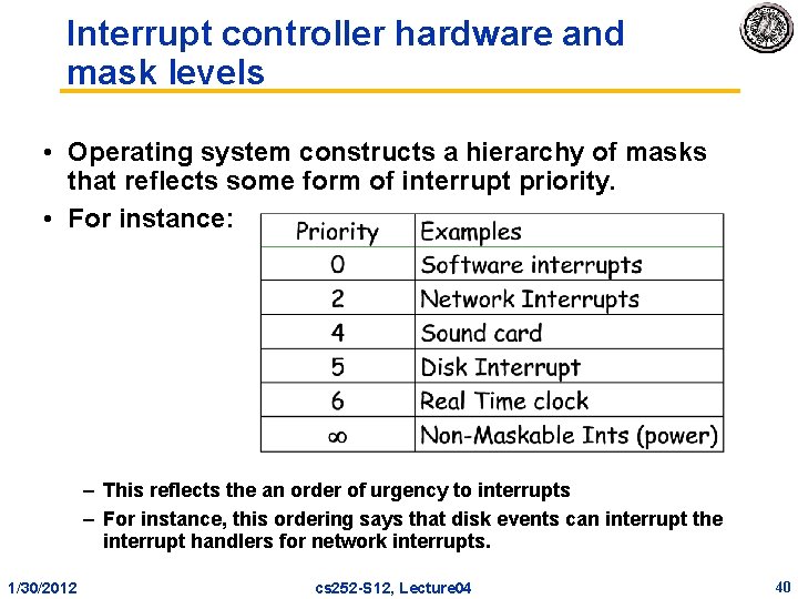 Interrupt controller hardware and mask levels • Operating system constructs a hierarchy of masks