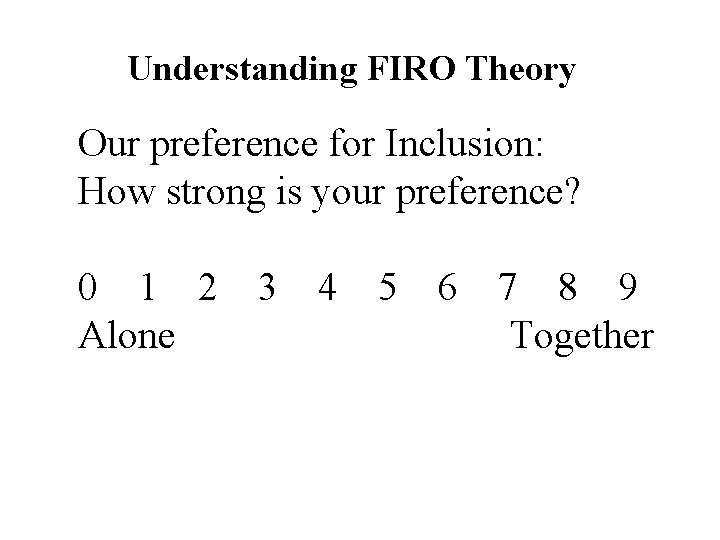 Understanding FIRO Theory Our preference for Inclusion: How strong is your preference? 0 1