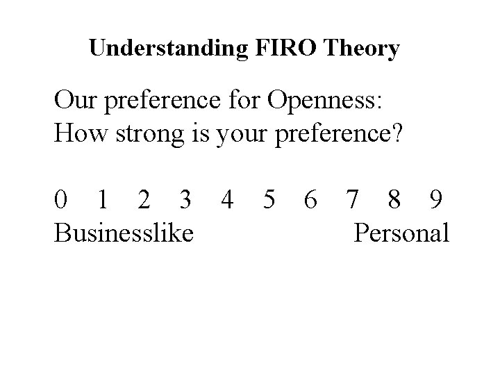 Understanding FIRO Theory Our preference for Openness: How strong is your preference? 0 1