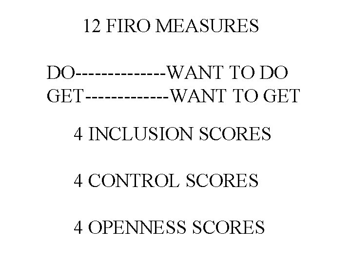 12 FIRO MEASURES DO-------WANT TO DO GET-------WANT TO GET 4 INCLUSION SCORES 4 CONTROL