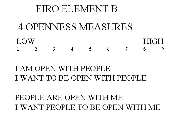 FIRO ELEMENT B 4 OPENNESS MEASURES LOW 1 2 HIGH 3 4 5 6