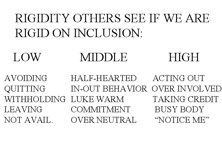 RIGIDITY OTHERS SEE IF WE ARE RIGID ON INCLUSION: LOW AVOIDING QUITTING WITHHOLDING LEAVING