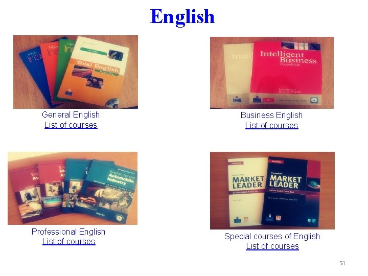 English General English List of courses Professional English List of courses Business English List