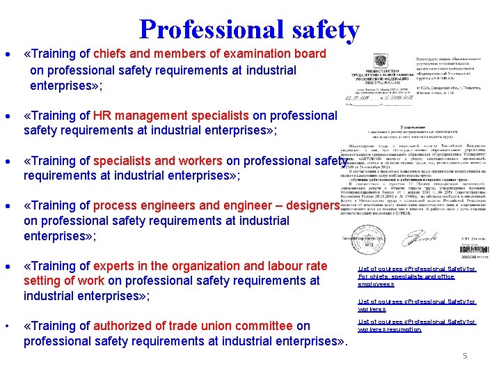 Professional safety «Training of chiefs and members of examination board on professional safety requirements