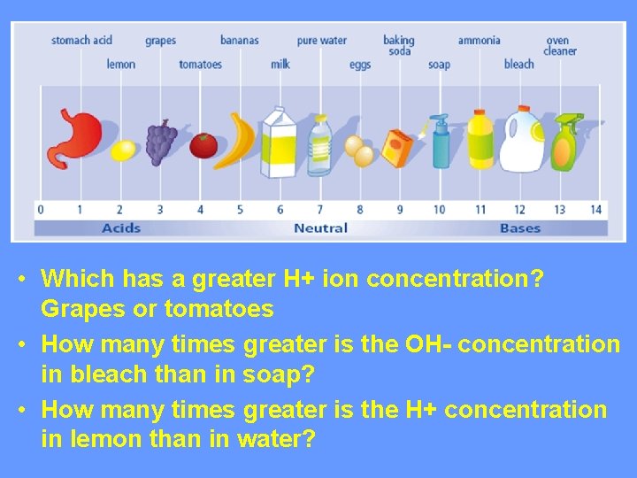 • Which has a greater H+ ion concentration? Grapes or tomatoes • How • Which has a greater H+ ion concentration? Grapes or tomatoes • How