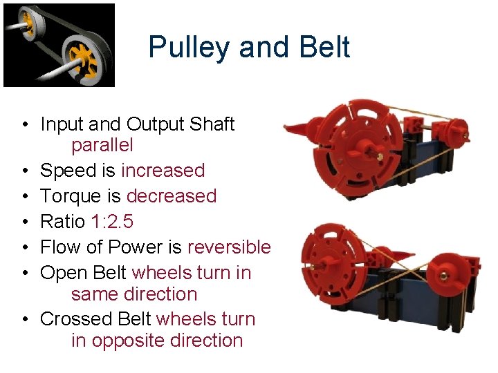 Pulley and Belt • Input and Output Shaft parallel • Speed is increased •
