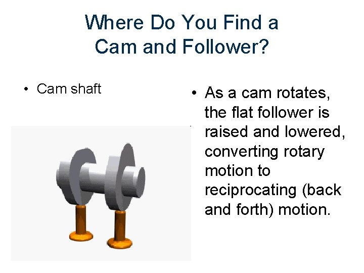 Where Do You Find a Cam and Follower? • Cam shaft • As a