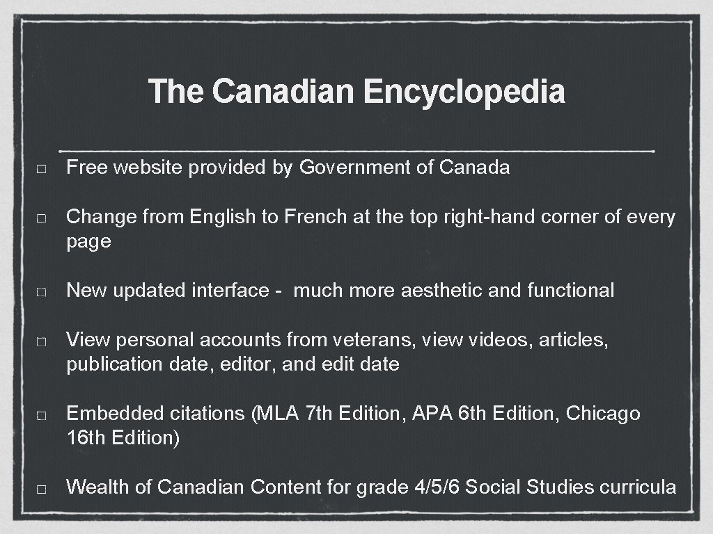 The Canadian Encyclopedia Free website provided by Government of Canada Change from English to