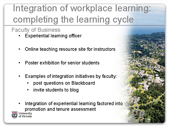 Integration of workplace learning: completing the learning cycle Faculty of Business • Experiential learning