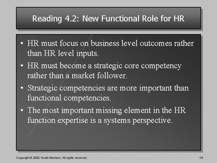 Reading 4. 2: New Functional Role for HR • HR must focus on business