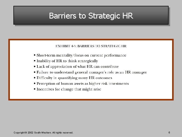 Barriers to Strategic HR Copyright © 2002 South-Western. All rights reserved. 5 