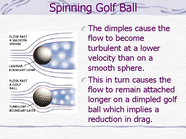 Spinning Golf Ball The dimples cause the flow to become turbulent at a lower