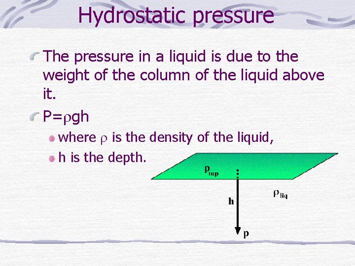 Hydrostatic pressure The pressure in a liquid is due to the weight of the
