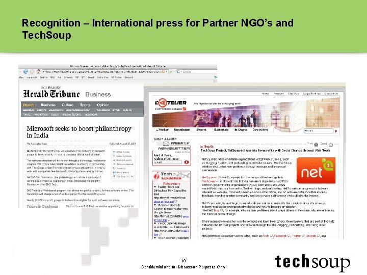 Recognition – International press for Partner NGO’s and Tech. Soup 18 Confidential and for