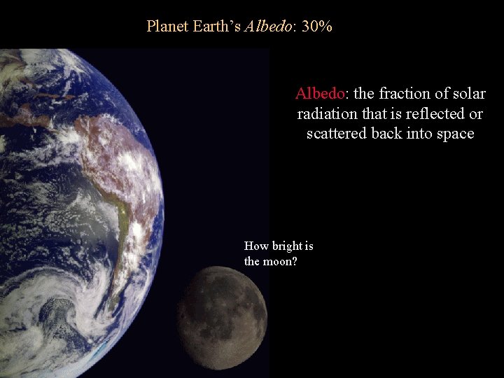 Planet Earth’s Albedo: 30% Albedo: the fraction of solar radiation that is reflected or