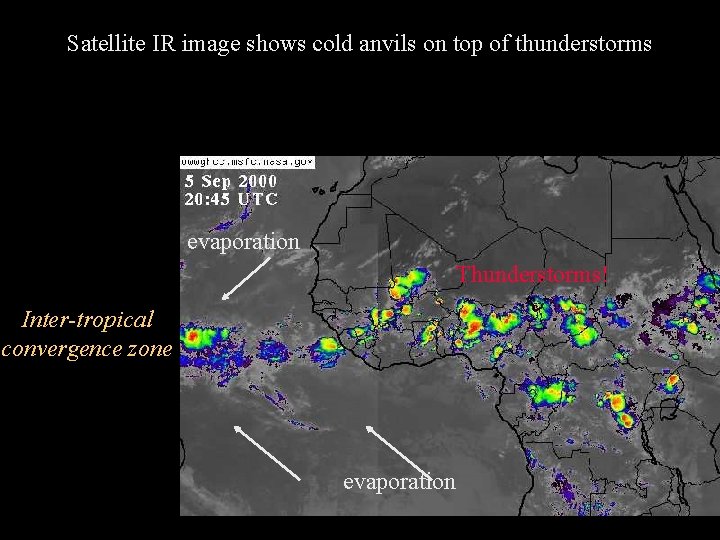 Satellite IR image shows cold anvils on top of thunderstorms evaporation Thunderstorms! Inter-tropical convergence