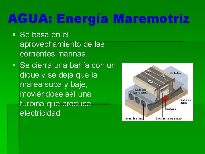 AGUA: Energía Maremotriz § Se basa en el aprovechamiento de las corrientes marinas. §