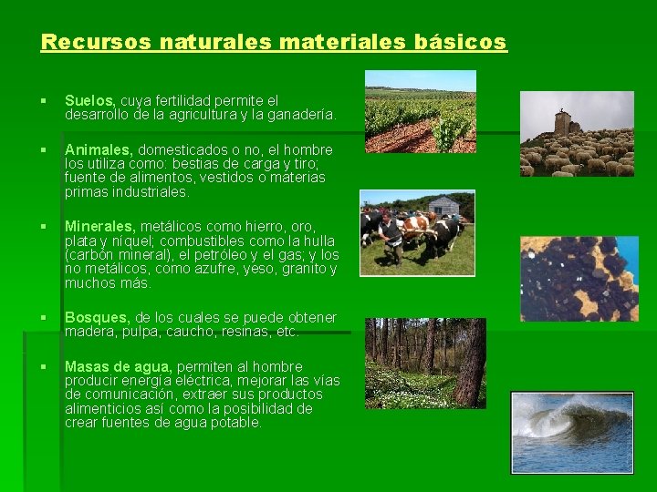 Recursos naturales materiales básicos § Suelos, cuya fertilidad permite el desarrollo de la agricultura