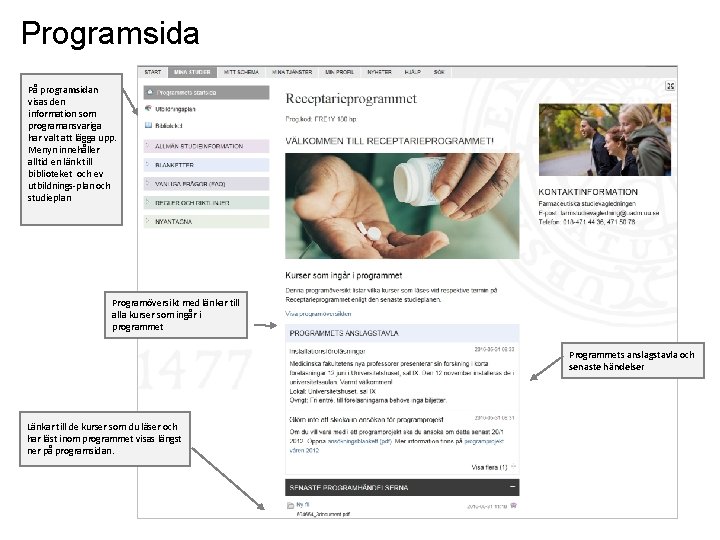 Programsida På programsidan visas den information som programansvariga har valt att lägga upp. Menyn Programsida På programsidan visas den information som programansvariga har valt att lägga upp. Menyn
