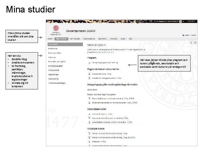Mina studier Fliken Mina studier innehåller allt om dina studier. Här kan du: • Mina studier Fliken Mina studier innehåller allt om dina studier. Här kan du: •