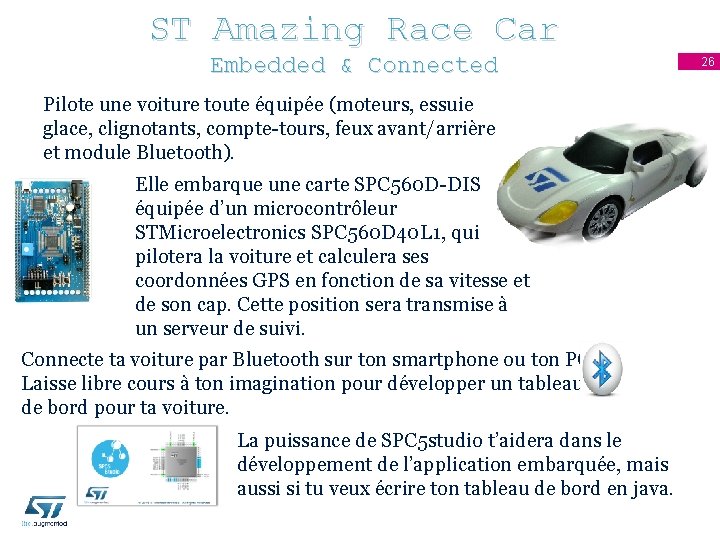 ST Amazing Race Car Embedded & Connected Pilote une voiture toute équipée (moteurs, essuie