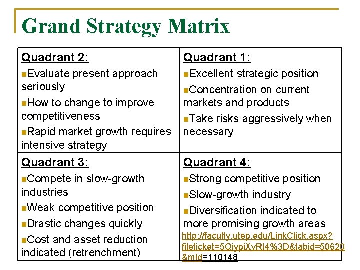 Grand Strategy Matrix Quadrant 2: Quadrant 1: n. Evaluate present approach n. Excellent strategic