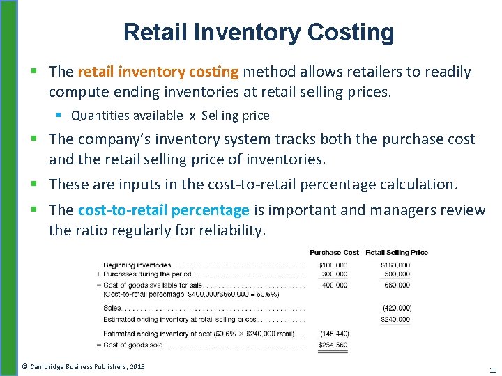 Retail Inventory Costing § The retail inventory costing method allows retailers to readily compute