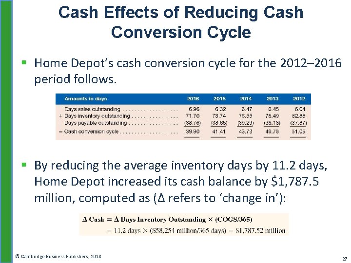 Cash Effects of Reducing Cash Conversion Cycle § Home Depot’s cash conversion cycle for