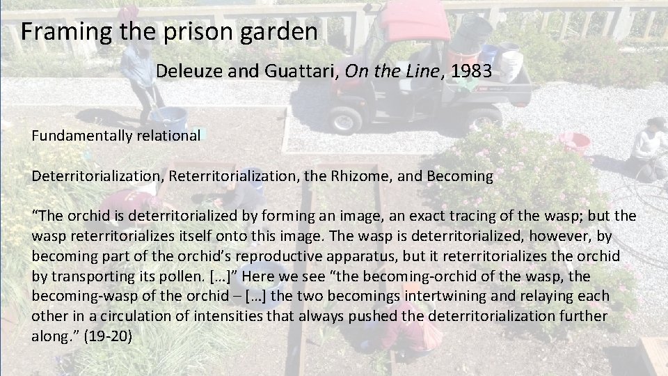 Framing the prison garden Deleuze and Guattari, On the Line, 1983 Fundamentally relational Deterritorialization,