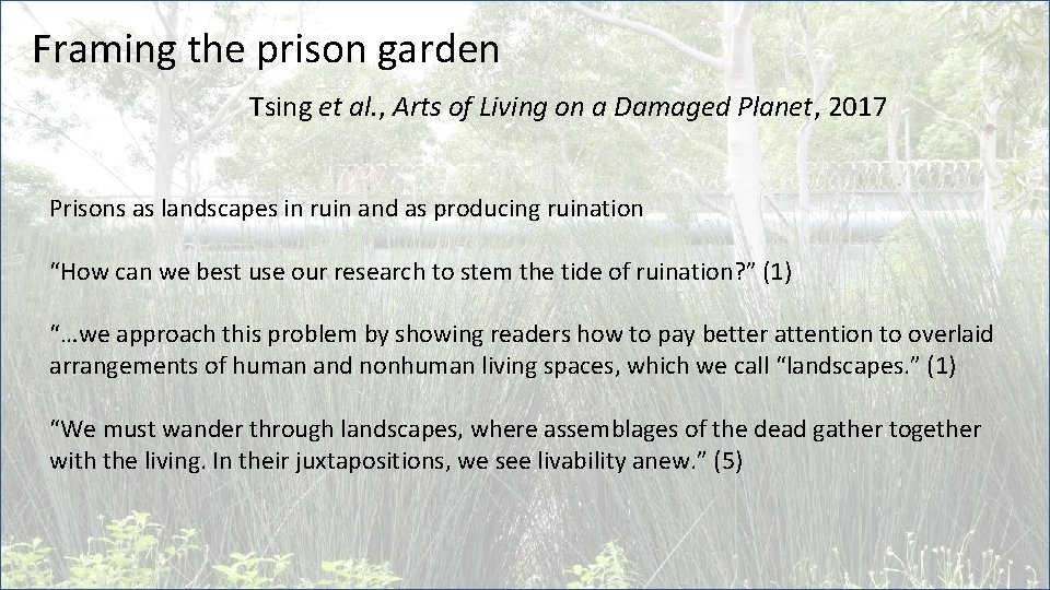 Framing the prison garden Tsing et al. , Arts of Living on a Damaged