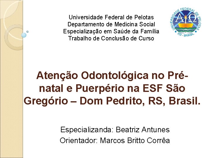 Universidade Federal de Pelotas Departamento de Medicina Social Especialização em Saúde da Família Trabalho