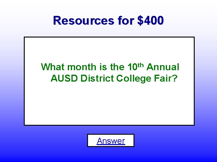 Resources for $400 What month is the 10 th Annual AUSD District College Fair?