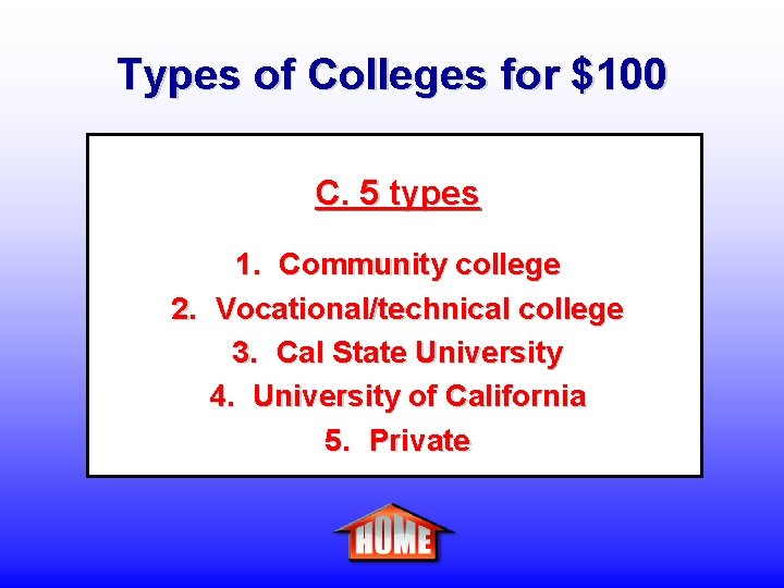 Types of Colleges for $100 C. 5 types 1. Community college 2. Vocational/technical college